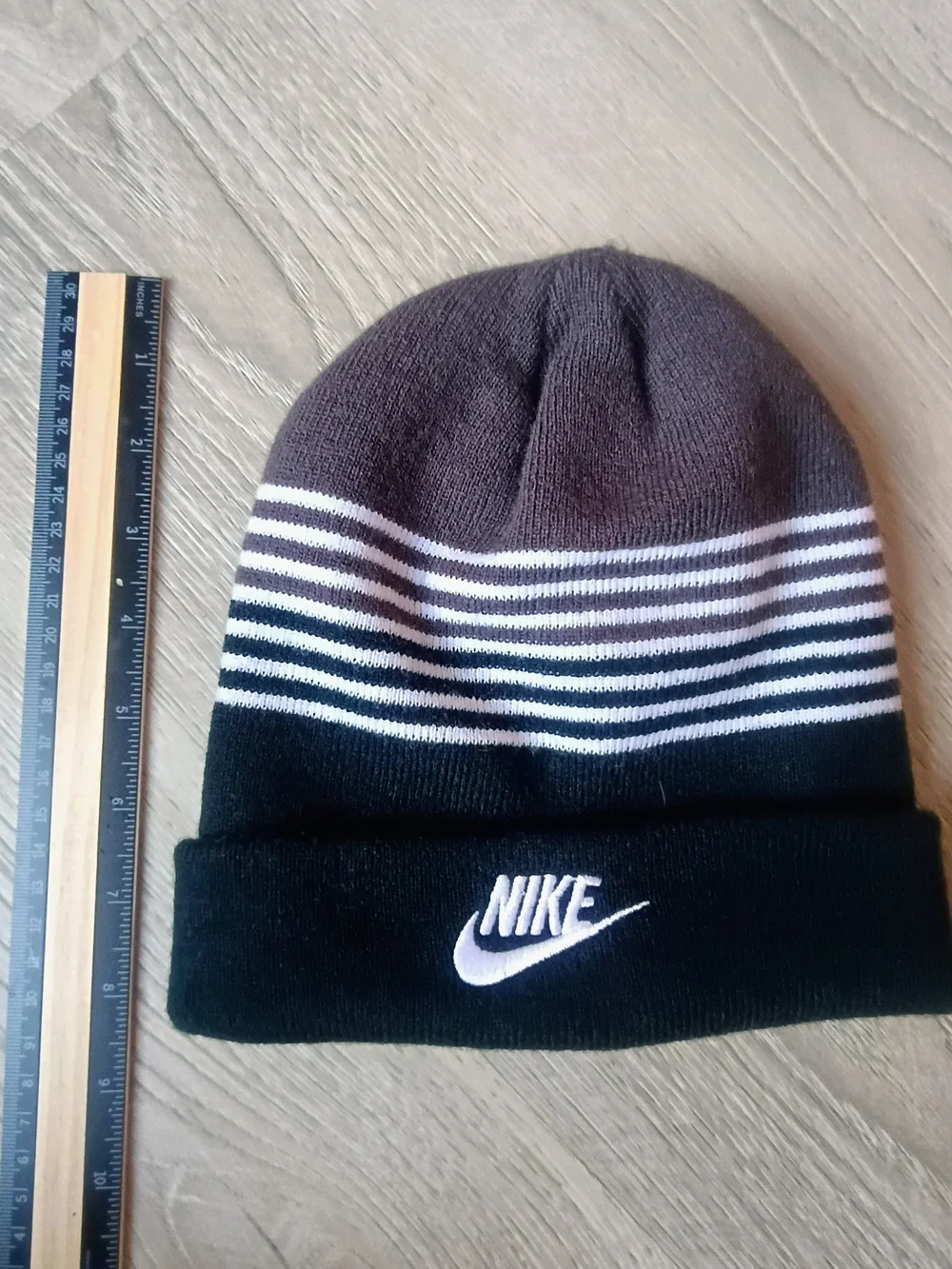 Nike Black Gray White Striped Cuffed Beanie Swoosh Logo Unisex Winter Hat